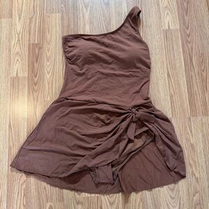NWT Temptme One-Shoulder Tie-Waist One-Piece Swim Dress Chocolate Brown Size Med